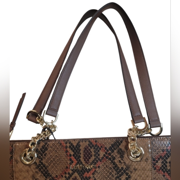 Calvin Klein Hayden Snake Print Leather Tote Double Strap, Walnut NWT From Macys - Picture 6 of 12